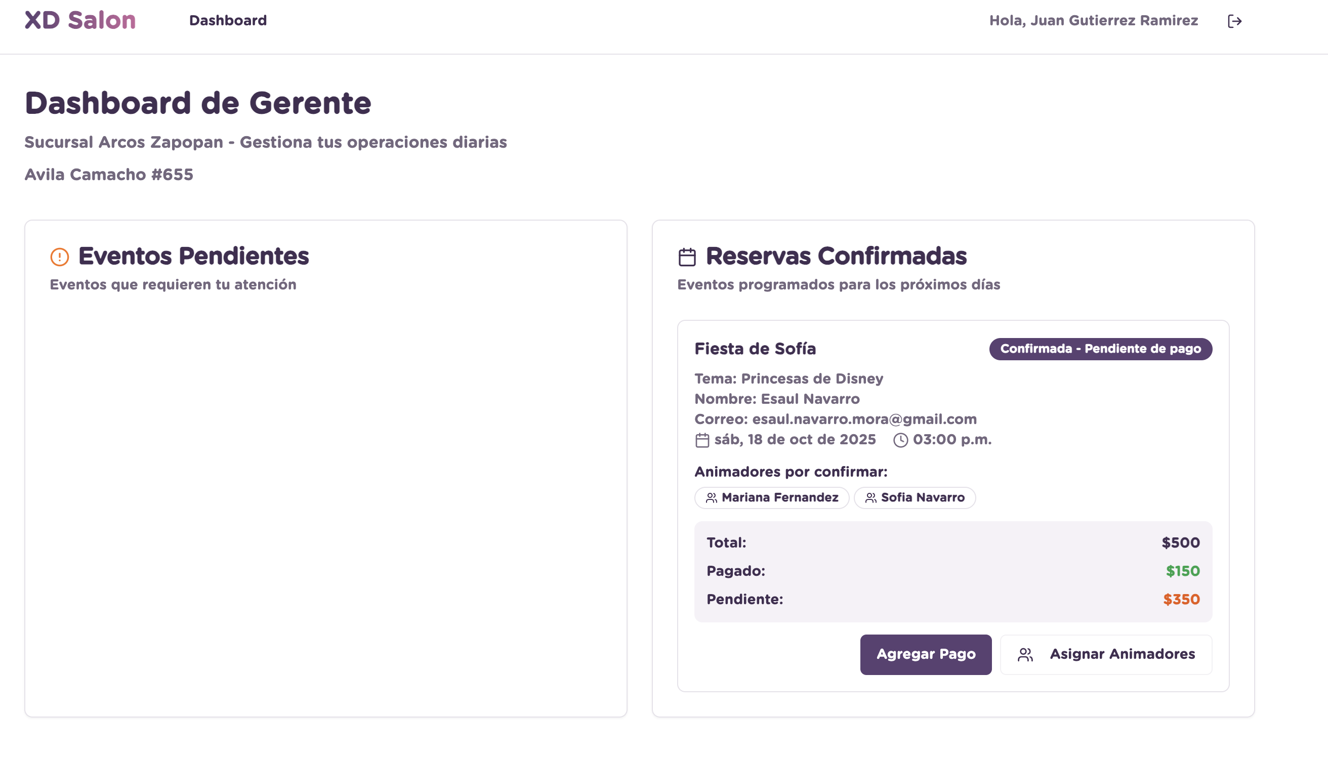 Modal mostrando varios animadores seleccionados para la misma reserva