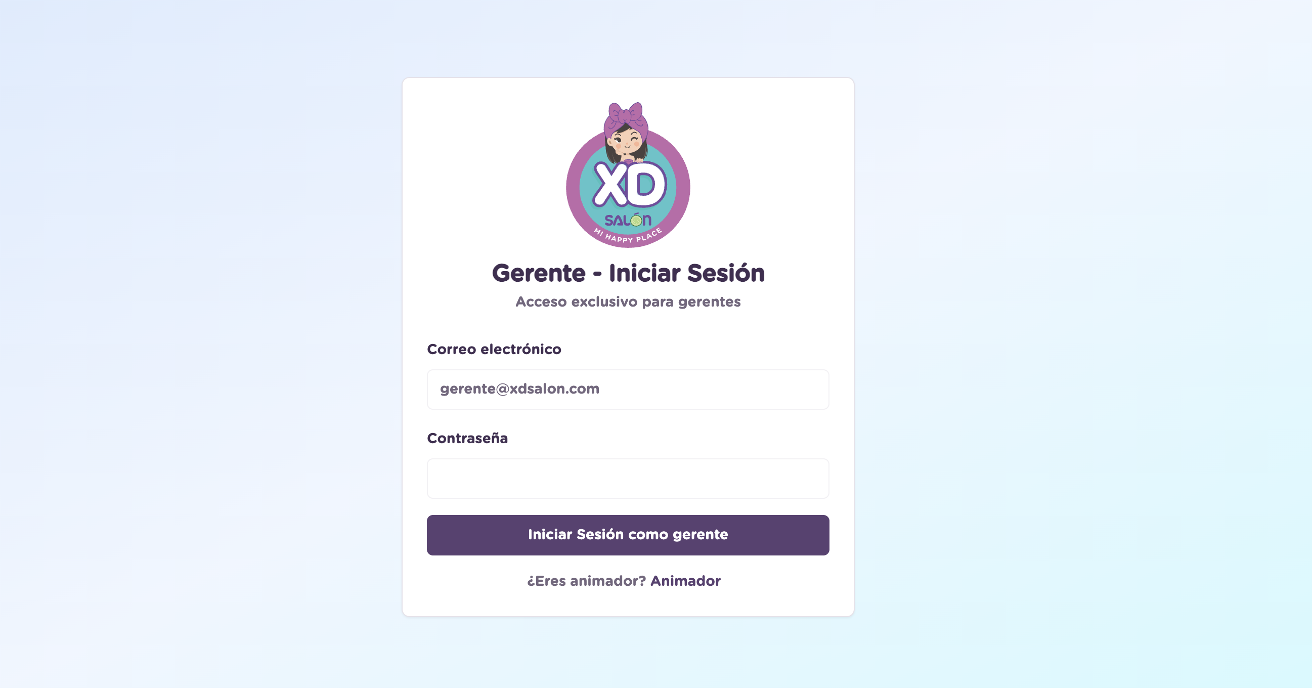 Pantalla de acceso para Administrador