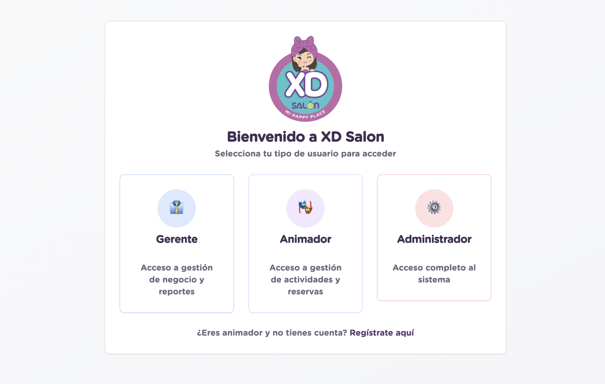 Pantalla de bienvenida con opción Administrador