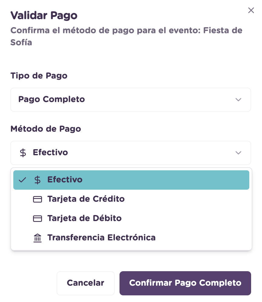 Opciones de método de pago: efectivo, tarjeta o transferencia