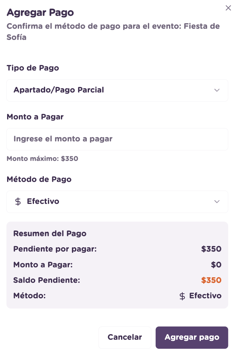 Modal Agregar Pago con abono parcial (pendiente por pagar, monto y saldo)