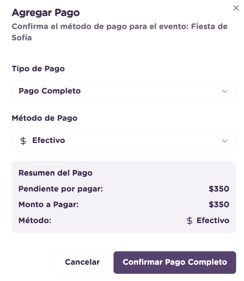 Modal Agregar Pago para completar el pago pendiente