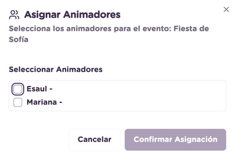 Modal para seleccionar animadores disponibles