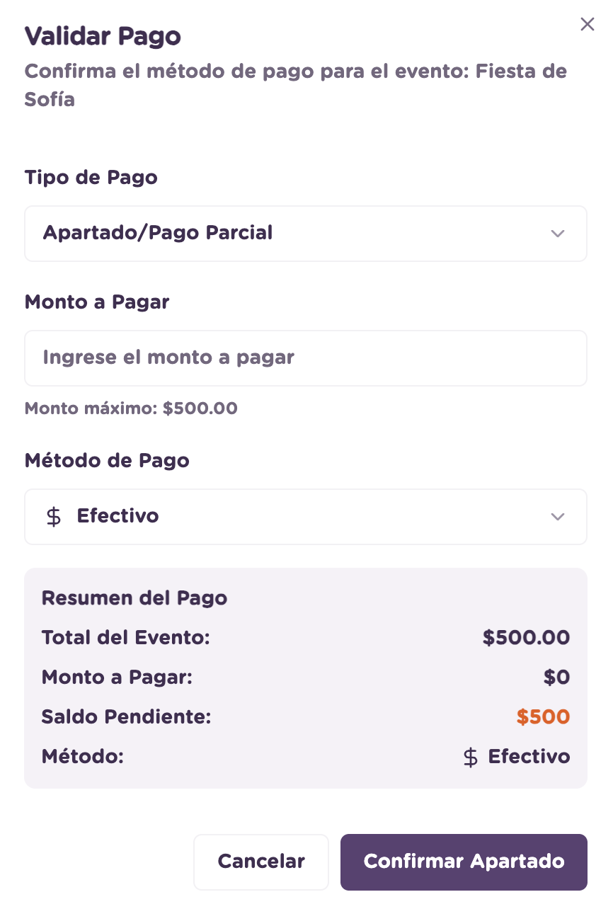 Pago parcial: selección y campo de monto