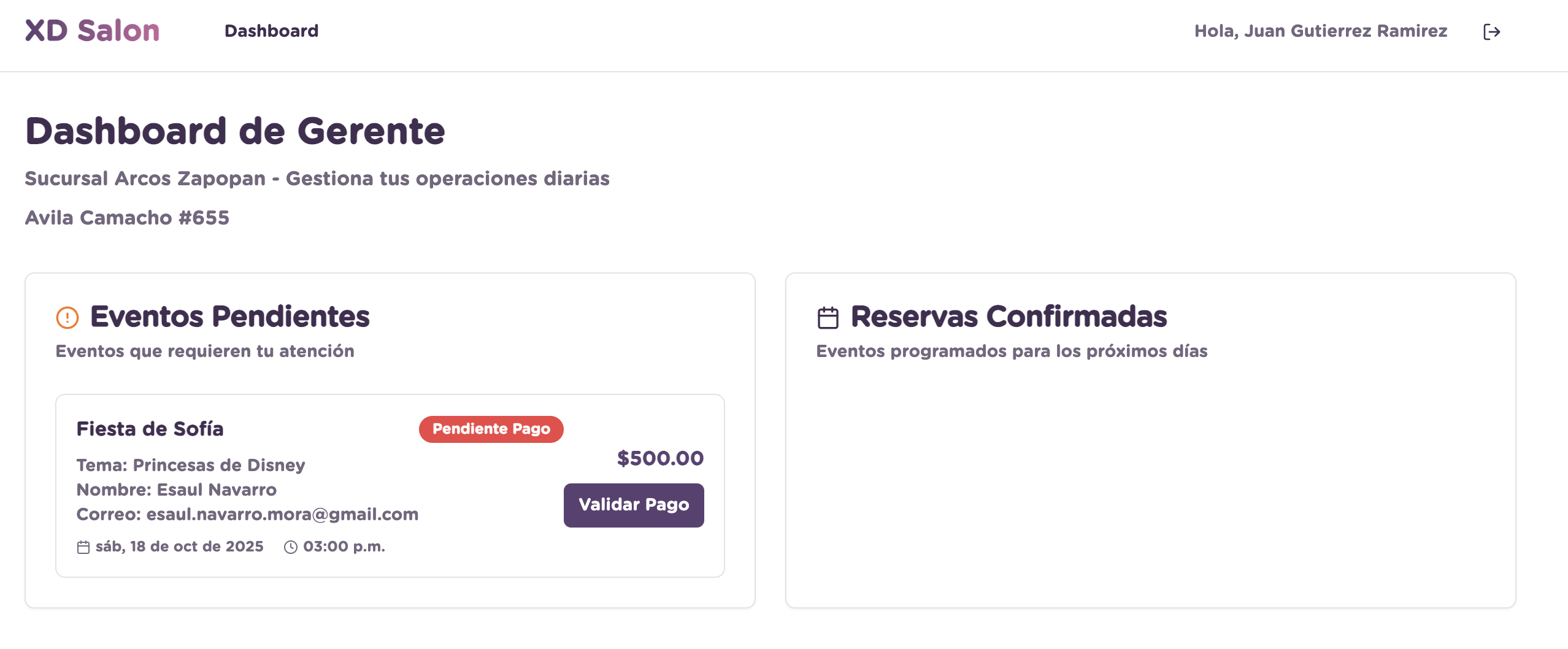 Dashboard de Gerente con eventos pendientes