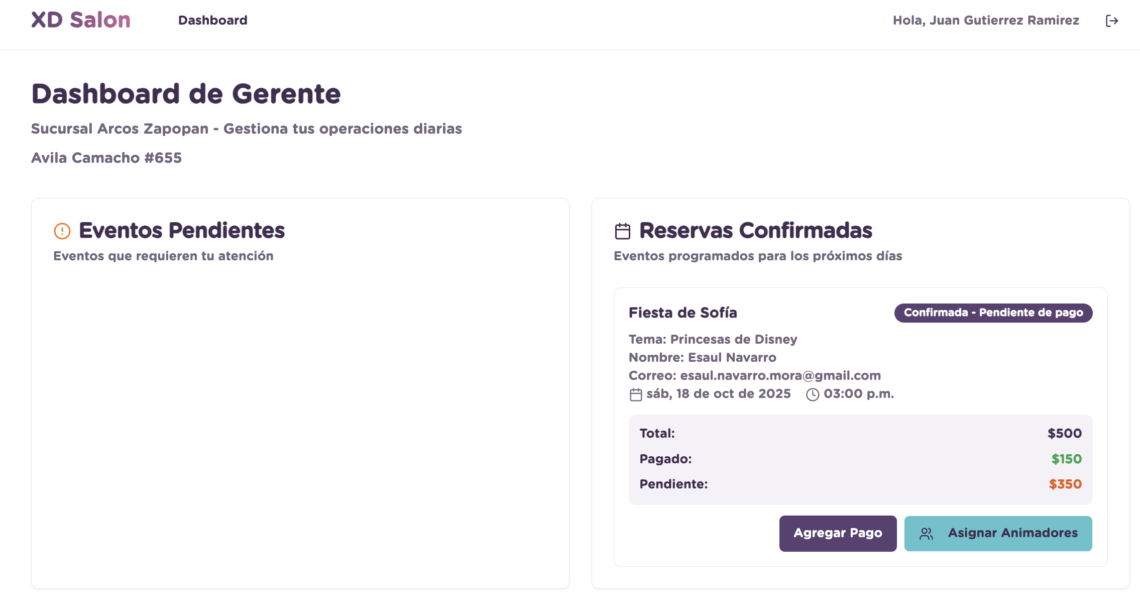 Tarjeta de reserva con el botón Asignar Animadores