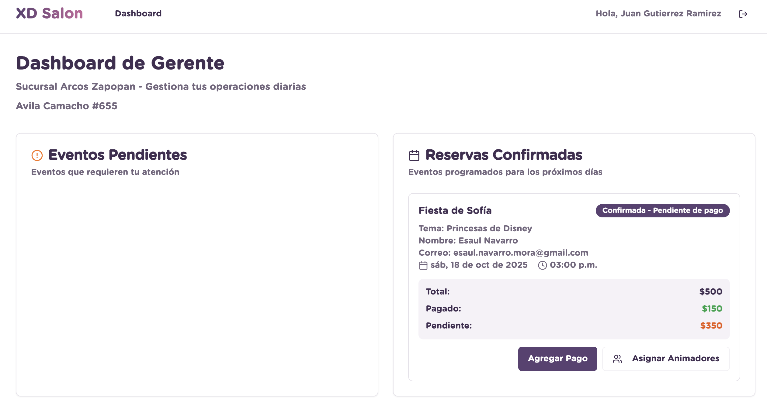 Reserva confirmada con pago parcial y saldo pendiente