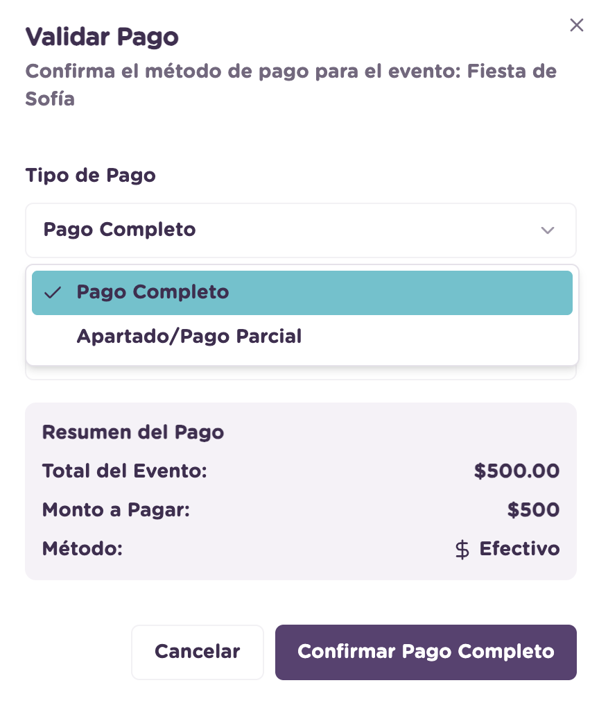 Opciones de tipo de pago: pago completo o parcial