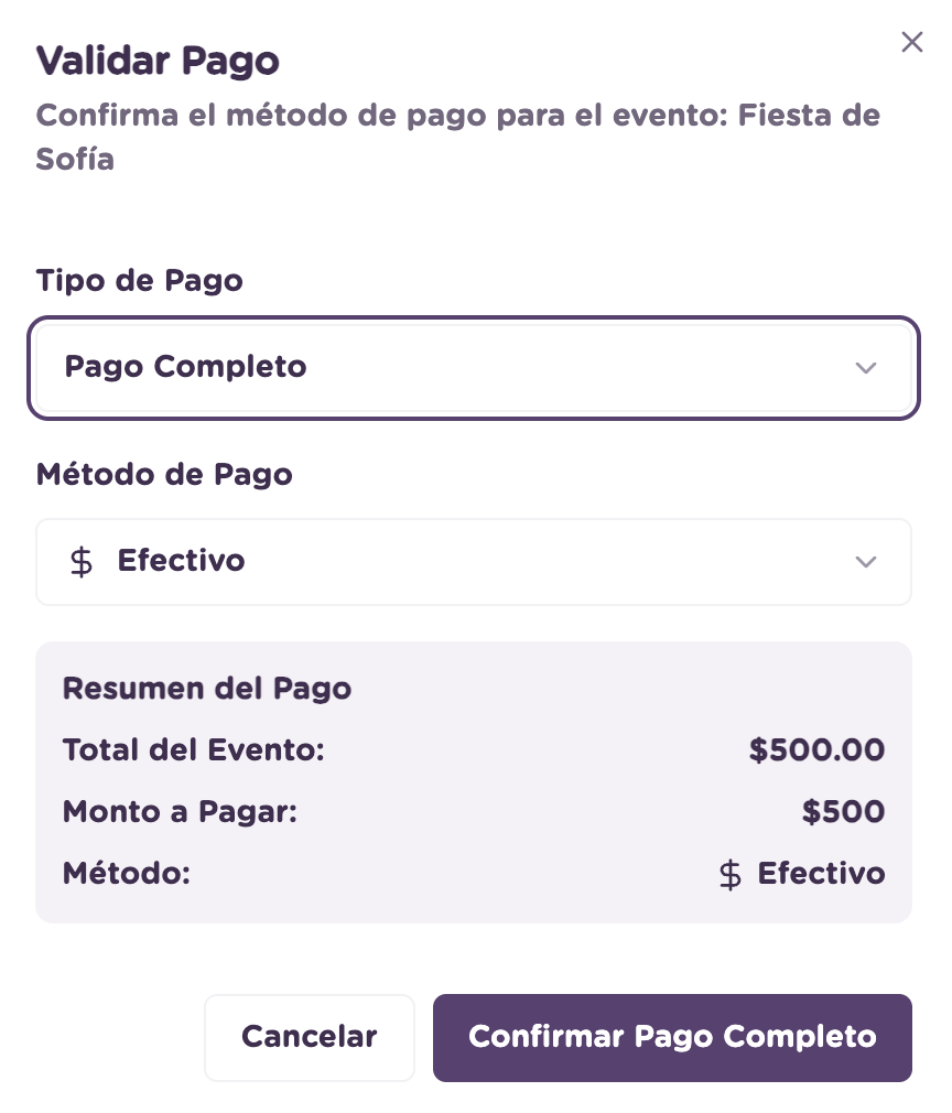 Modal para validar pago de una reserva
